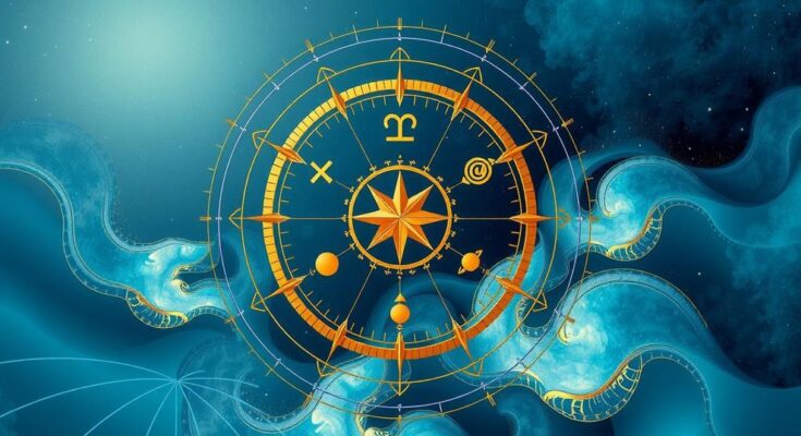 Astrological symbols and cosmic elements in serene blues and golds, symbolizing power and balance in relationships.