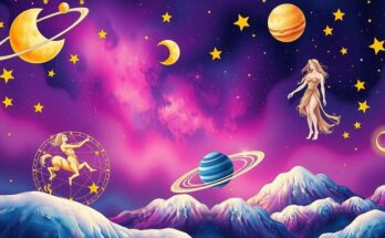 A cosmic landscape illustrating the zodiac signs with celestial elements and vibrant colors representing power and balance.