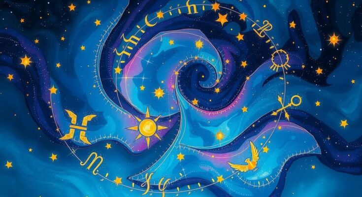 A vibrant celestial display depicting zodiac signs with dreamy colors, reflecting cosmic energy and introspective themes.