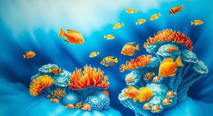 A serene underwater scene with colorful corals and fish, reflecting harmony and connection.