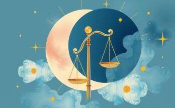 Libra Moon phase illustration emphasizing harmony, balance, and beauty with soft colors and artistic elements.