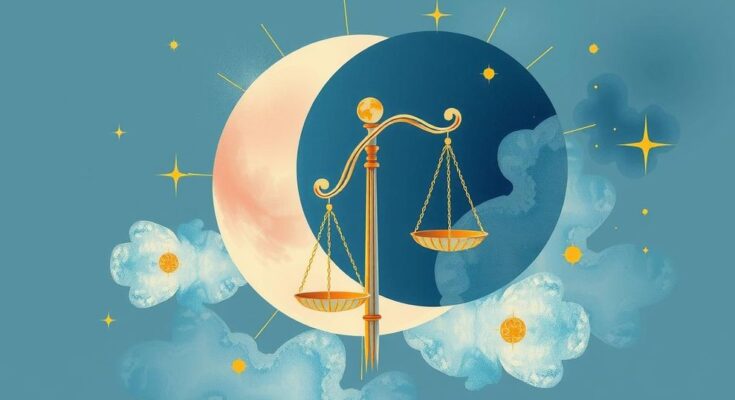 Libra Moon phase illustration emphasizing harmony, balance, and beauty with soft colors and artistic elements.
