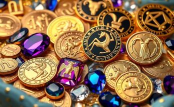 Zodiac signs symbols surrounded by shimmering coins and gold, illustrating wealth attraction and success.