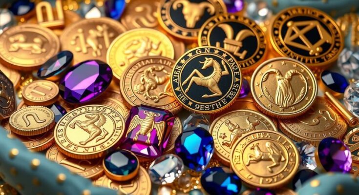 Zodiac signs symbols surrounded by shimmering coins and gold, illustrating wealth attraction and success.