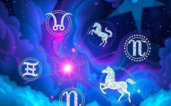 Colorful celestial scene with zodiac signs surrounded by astrological symbols and a starry night backdrop.
