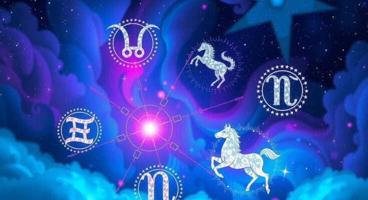 Colorful celestial scene with zodiac signs surrounded by astrological symbols and a starry night backdrop.