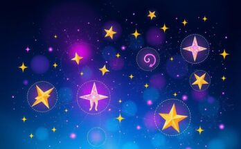Astrological symbols with vibrant colors in a starry night sky, reflecting positivity and connection for April horoscope.