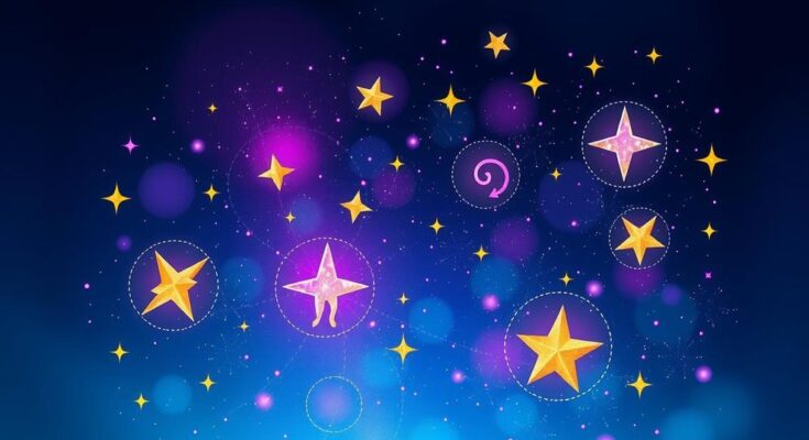 Astrological symbols with vibrant colors in a starry night sky, reflecting positivity and connection for April horoscope.