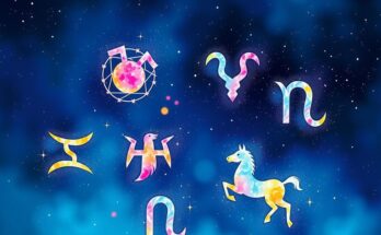 Colorful horoscope-themed abstract representation featuring zodiac signs in constellation patterns against a cosmic backdrop.