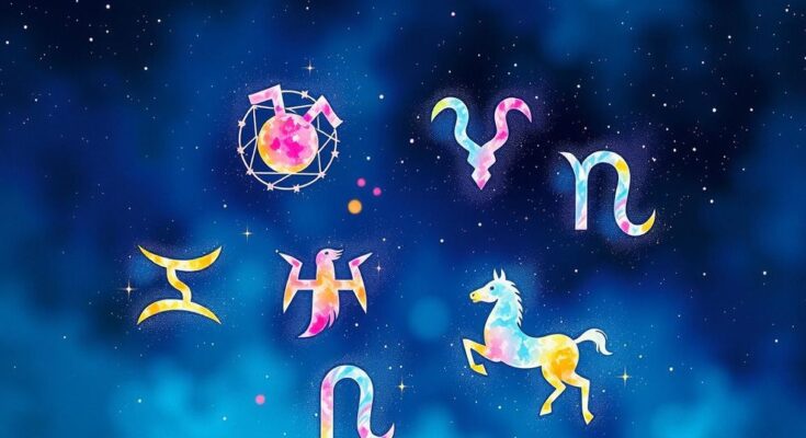Colorful horoscope-themed abstract representation featuring zodiac signs in constellation patterns against a cosmic backdrop.
