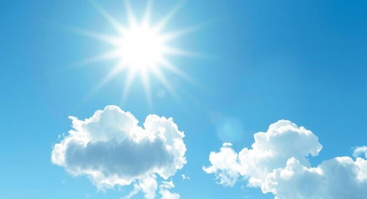 A serene sky blue background with a glowing sun and soft clouds, symbolizing positivity and growth for Gemini.