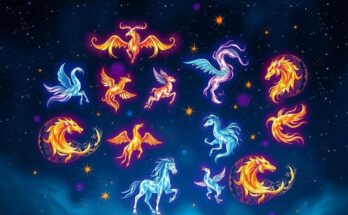 A celestial scene depicting 12 zodiac symbols with vibrant colors representing astrological themes and energies.