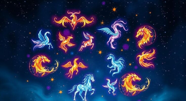 A celestial scene depicting 12 zodiac symbols with vibrant colors representing astrological themes and energies.