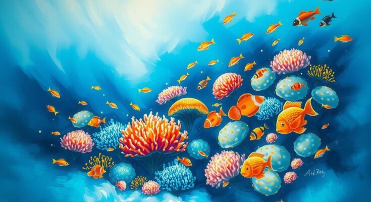 A deep underwater scene showcasing coral reefs with vibrant colors, emphasizing transformation and authenticity.