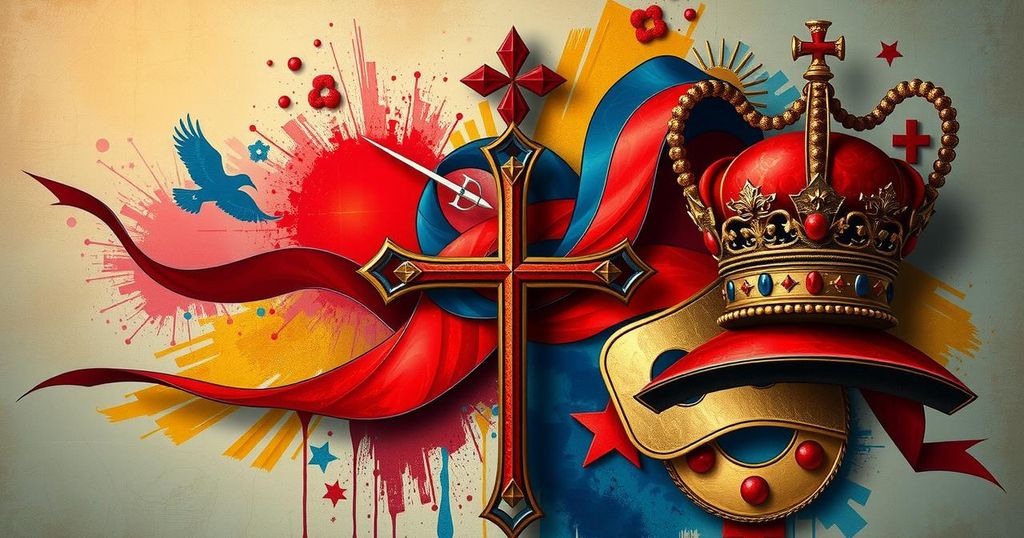 An abstract representation of Pope Leo XIV with symbols of politics, using bold colors and modern styles.