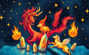 Яркое космическое изображение с огненными знаками зодиака и кристаллами на фоне звездного неба.