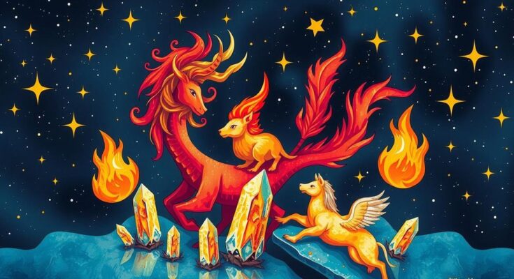 Яркое космическое изображение с огненными знаками зодиака и кристаллами на фоне звездного неба.