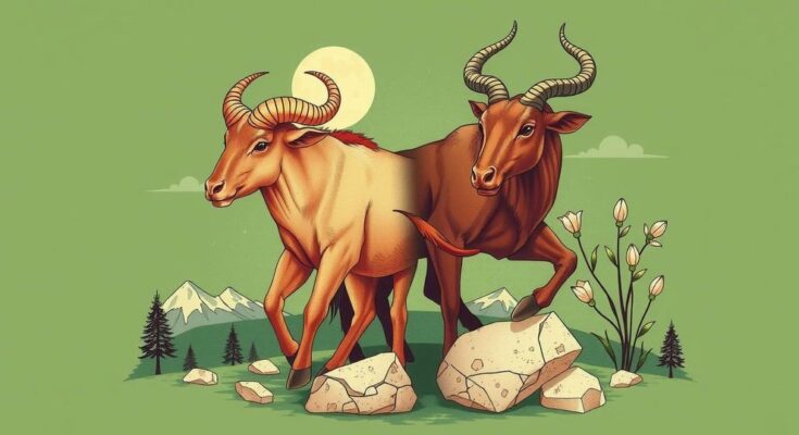 A serene earth-themed symbolic representation of the Taurus and Capricorn zodiac signs in astrological alignment.