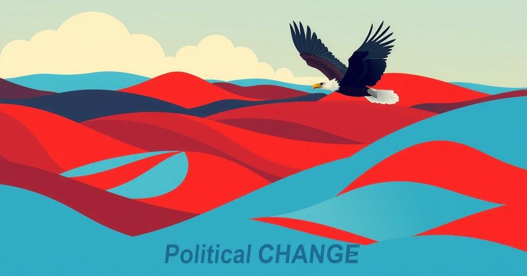 A symbolic representation of US politics, featuring a dynamic landscape with contrasting red and blue elements.