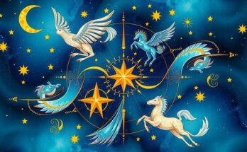 Astrology illustration featuring zodiac symbols in a harmonious layout with vibrant cosmic colors of blue and gold.