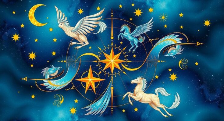 Astrology illustration featuring zodiac symbols in a harmonious layout with vibrant cosmic colors of blue and gold.
