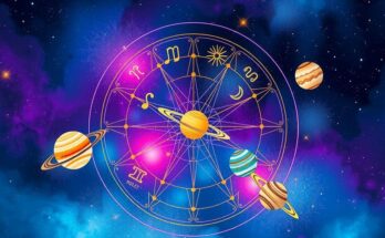 Stylized horoscope symbols in vibrant colors representing zodiac signs and planetary connections, emphasizing creativity and guidance.