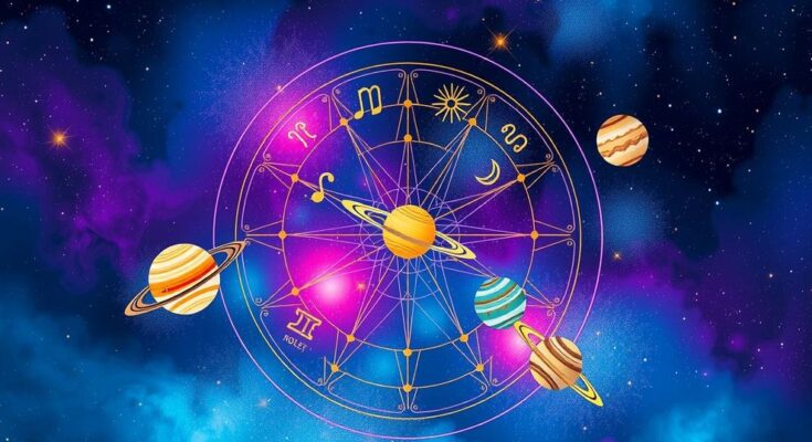 Stylized horoscope symbols in vibrant colors representing zodiac signs and planetary connections, emphasizing creativity and guidance.