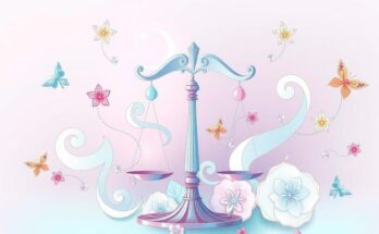 A whimsical representation of balance and creativity, featuring Libra symbols and artistic elements in soft pastels.