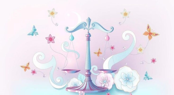 A whimsical representation of balance and creativity, featuring Libra symbols and artistic elements in soft pastels.