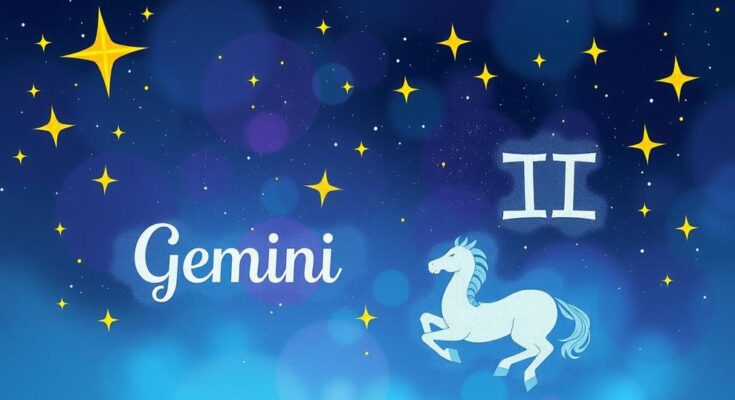 Astrological symbols with a cosmic night sky, featuring Mercury and Gemini highlights in a serene color palette.