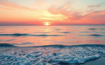 A serene scene of a calm ocean with gentle waves under a pastel sunset sky, representing tranquility and connection.