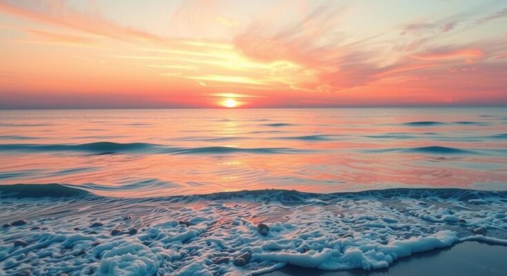 A serene scene of a calm ocean with gentle waves under a pastel sunset sky, representing tranquility and connection.