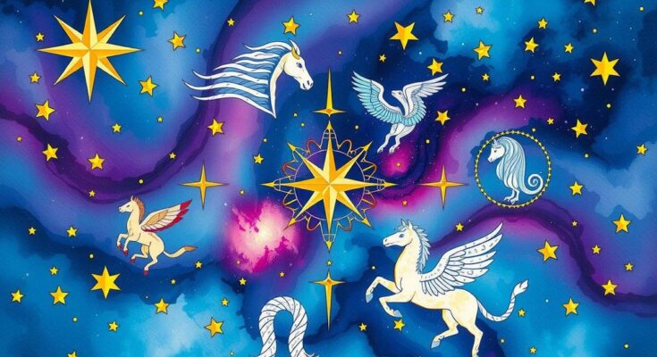 Colorful celestial illustration featuring zodiac symbols and astrological motifs in a vibrant color palette.
