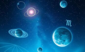 Celestial bodies in a night sky with zodiac symbols, featuring vibrant blues and silvers, enhancing communication themes.