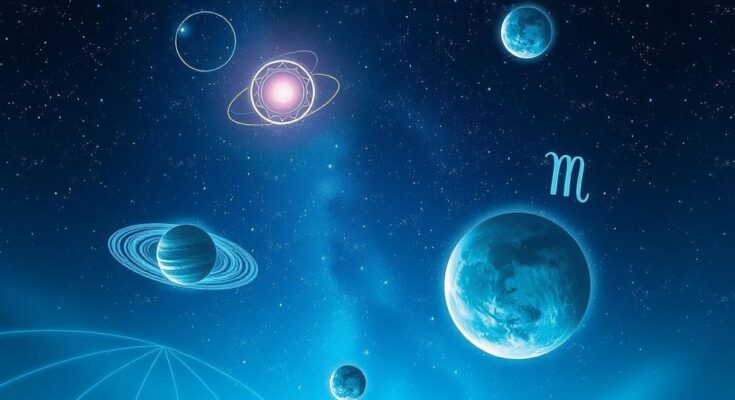 Celestial bodies in a night sky with zodiac symbols, featuring vibrant blues and silvers, enhancing communication themes.