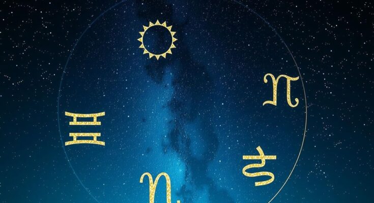 Zodiac signs represented with colorful astrological symbols and celestial elements against a starry night sky.