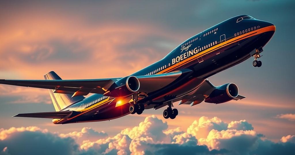 A sleek Boeing 747-8 designed as a luxurious presidential aircraft against a vibrant sunset backdrop