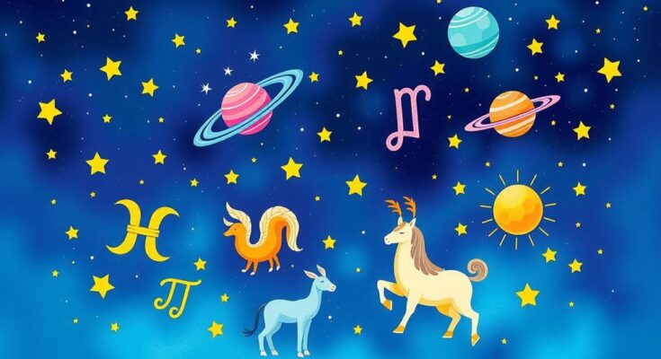 Astrological forecast for May 19-25 with zodiac signs and celestial bodies represented artistically in vibrant colors.