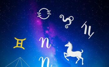 Astrology symbols with colorful starry background representing daily horoscope insights.