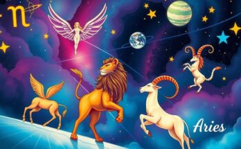 Astrological symbols and zodiac signs on a celestial background, depicting Gemini, Sagittarius, Leo, Capricorn, and Aries.