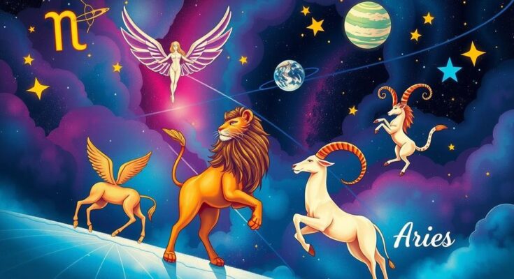 Astrological symbols and zodiac signs on a celestial background, depicting Gemini, Sagittarius, Leo, Capricorn, and Aries.