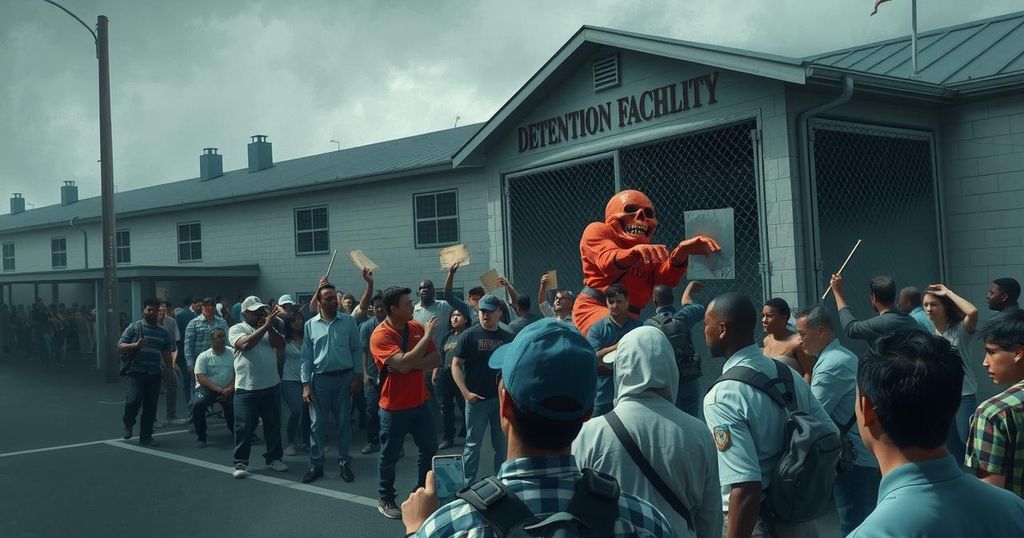 A dramatic scene outside a detention facility with chaotic activity, emphasizing tension and confrontation, in muted colors.