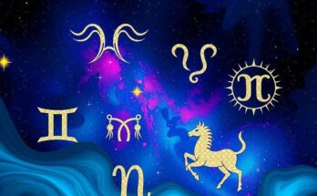 Astrological symbols representing zodiac signs on a vibrant cosmic background with stars and colorful hues.