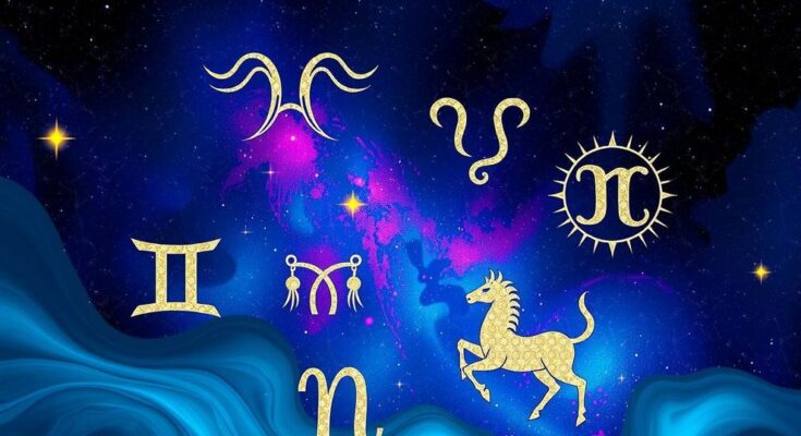 Astrological symbols representing zodiac signs on a vibrant cosmic background with stars and colorful hues.