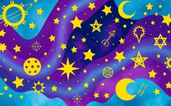 Colorful astrological symbols surrounded by stars and celestial patterns in a whimsical style.