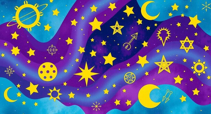 Colorful astrological symbols surrounded by stars and celestial patterns in a whimsical style.