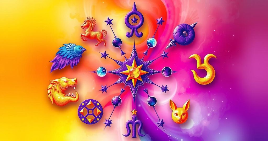 Astrological symbols with vibrant colors representing various star signs and their unique traits for May 14, 2025.