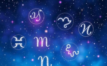 Astrological symbols with stars and galaxies against a dark night sky, representing love horoscopes and romance.