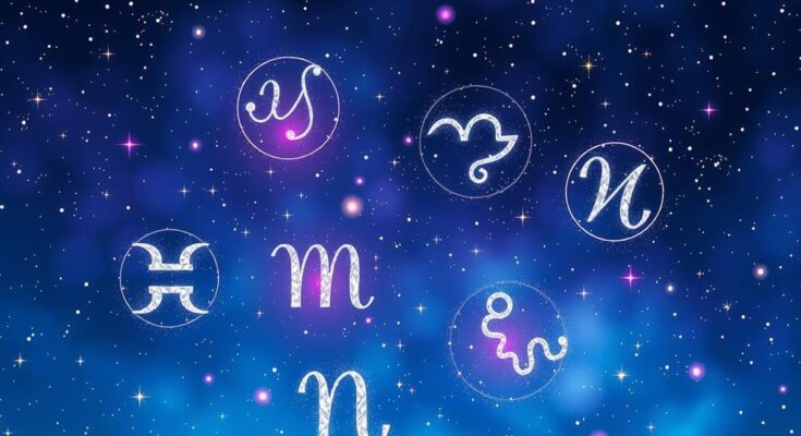 Astrological symbols with stars and galaxies against a dark night sky, representing love horoscopes and romance.