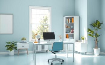 A serene workspace with a desk, plants, and a calming color palette that promotes balance between work and relaxation.